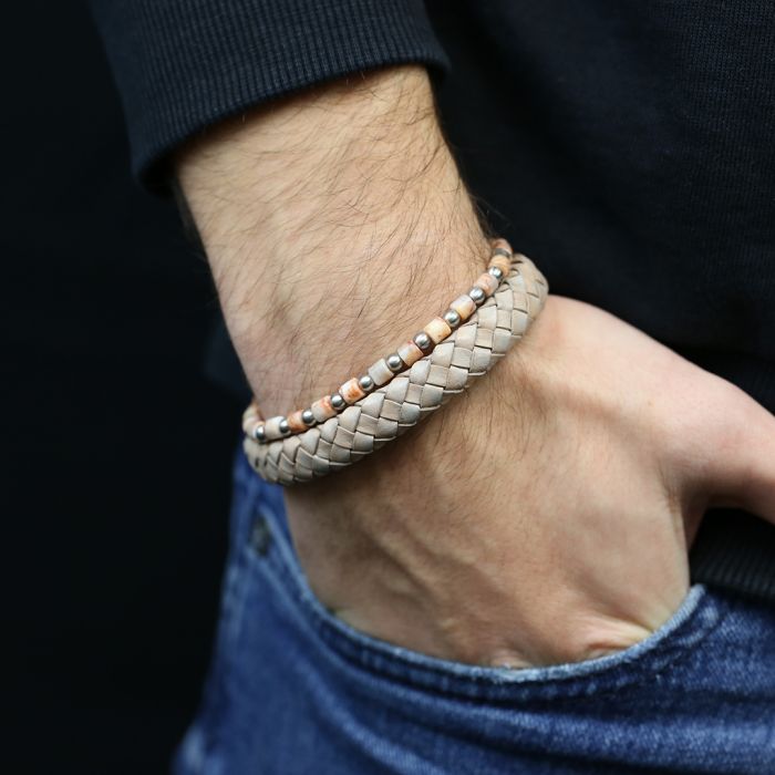 Frank 1967 7FB-0690 Kralen Armband 4mm - Rode Netwerk Steen - Staal - Rekbaar - 19cm - Oranje