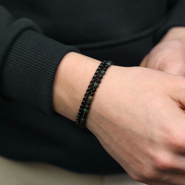 Frank 1967 7FB-0740 Heren Armband - Stalen schakelarmband - 3,8mm - Kralenarmband - 4,8mm - Verstelbaar Slot - Mannen Armband - 21cm - 8mm Breed - Lava - Agaat - Mos Agaat - Zwart - Groen