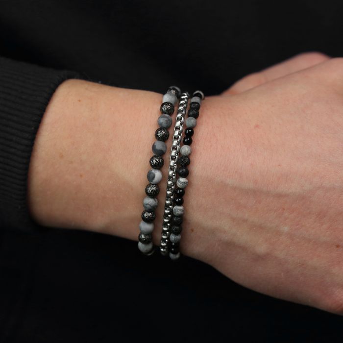 Frank 1967 7FB-0741 Heren Armband - Stalen schakelarmband - 3,8mm - Kralenarmband - 4,8mm - Verstelbaar Slot - Mannen Armband - 21cm - 8mm Breed - Lava - Agaat - Map Stone - Zwart - Grijs - Zilverkleurig