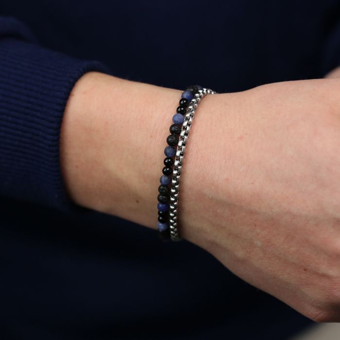 Frank 1967 7FB-0742 Heren Armband - Stalen schakelarmband - 3,8mm - Kralenarmband - 4,8mm - Verstelbaar Slot - Mannen Armband - 21cm - 8mm Breed - Lava - Agaat - Sodaliet - Zwart - Blauw - Zilverkleurig