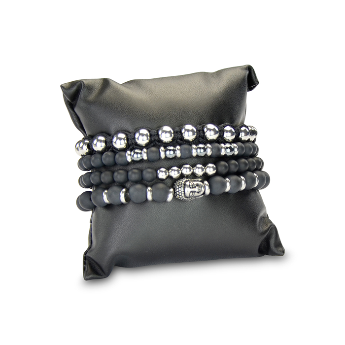Frank 1967 7FR-SET014 Armbanden Set Zwart - 4 Stuks - Leer en Natuursteen - One-size - Zwart / Zilverkleurig