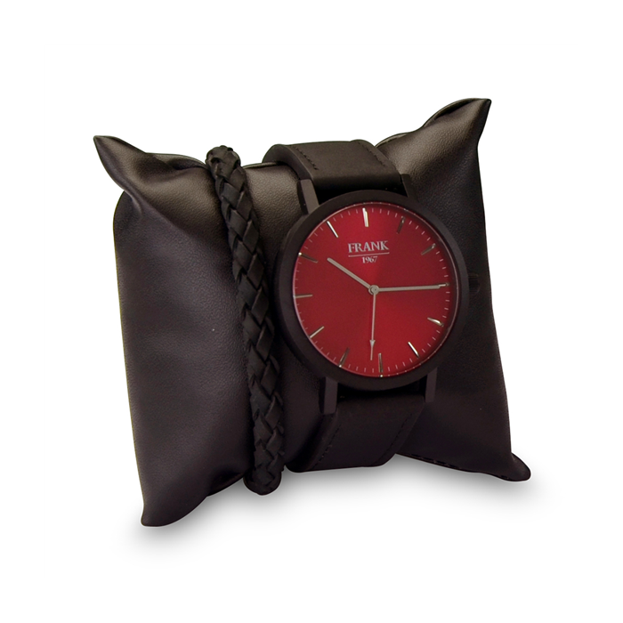 Frank 1967 7FR-SET019 Horloge Set met Armband - Leren Band - Ø 42 mm - Zwart / Rood