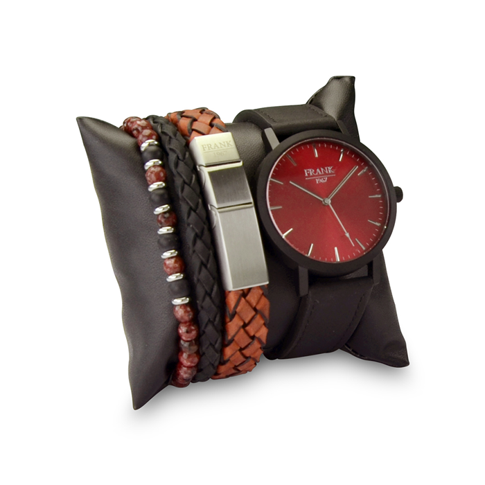 Frank 1967 7FR-SET020 Horloge Set met Armbanden - Leren Band - Ø 42 mm - Zwart / Rood