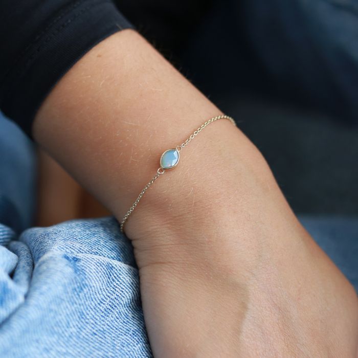 New Bling 9NB-0856 Zilveren Armband - Dames - Ovaal - Chrysophrase Bluish Stone - 8,5 x 6,5 mm - Ankerschakel - 1,3 mm - 16 + 1 + 1 + 1 cm - Zilver - Gold Plated (Verguld/Goud op Zilver)